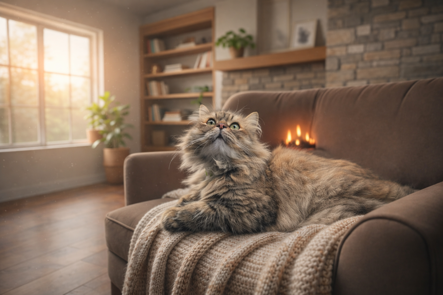 Cat lying on a blanket on a couch in a cozy living room with a fireplace.