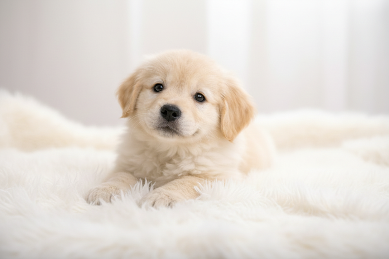 Puppy lying on a soft surface with a neutral background